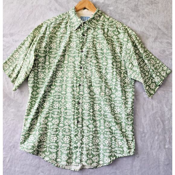 Vintage LEVIS Shirt Mens Medium Hawaiian Tiki Button Up Green White 1991 90's - Picture 2 of 8